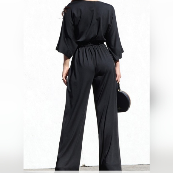 EUC V NECK VENETIAN WIDE LEG JUMPSUIT WITH TIE Black - Picture 2 of 2
